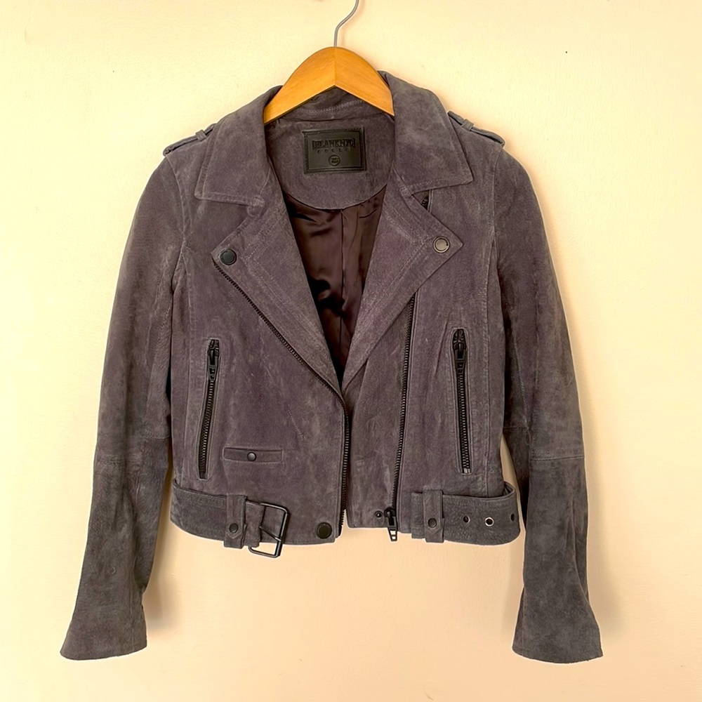 BlankNYC grey suede moto jacket, size XS.